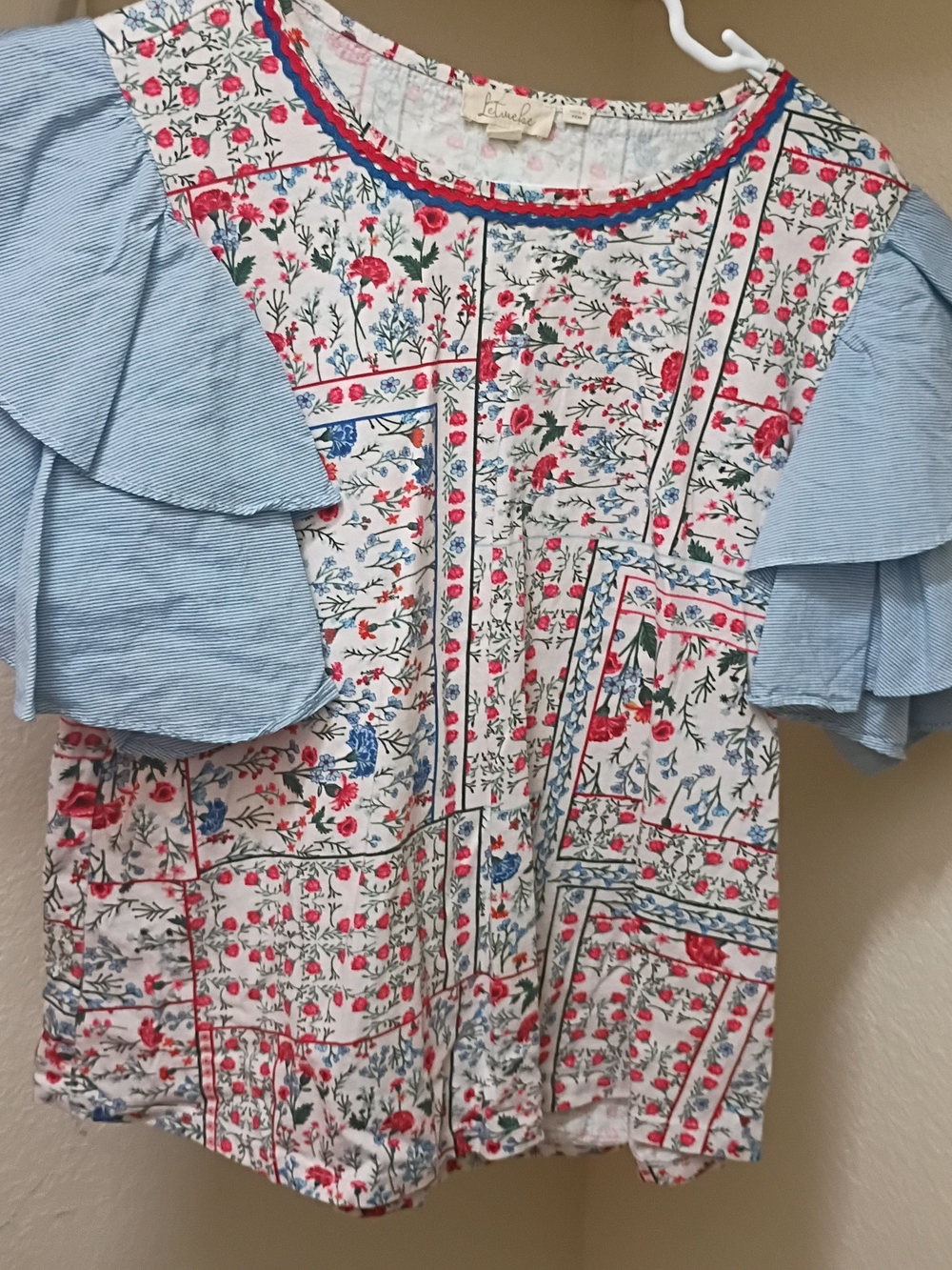 Girls Floral Patchwork Top with Blue Ruffle Sleeves